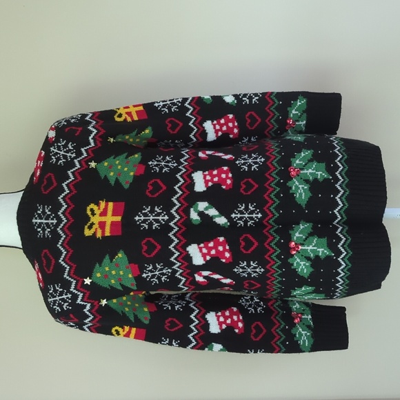 Absolutely Famous Button Up Acrylic Cardigan Christmas Sweater MEDIUM Black Red - Picture 12 of 16